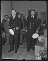 Admiral Joseph M. Reeves and Lieutenant-Commander F. C. Denebrink at the funeral for Harry Carr, Pierce Brothers Mortuary, Los Angeles, 1936