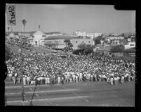 UCLA students in victory rally celebrating win over USC in football, 1959