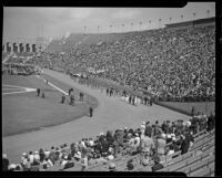 View of a Memorial Day parade from the top of the Coliseum, Los Angeles, 1935