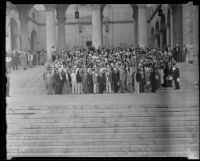 Mormon choir on the steps of City Hall, Los Angeles, 1935