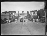 Banner announcing the "Dawn" float in the Tournament of Roses Parade, Pasadena, 1931