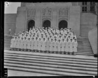 Graduate nurses pose on the front steps of Los Angeles County General Hospital, Los Angeles, 1934