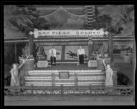 Two women stand in front of San Diego County's display at the National Orange Show, San Bernardino, 1934