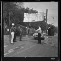 San Fernando Valley State College students manning mock "Berlin Wall" 1965 Freedom Week in Encino, Calif., 1965