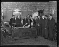 Meeting of the Citizens' Committee on Governmental Reorganization: Frank L. Shaw, Max Strasburg, Helen W. Yankwich, John A. Rush, Harry Lee Martin, Edward Adams, Ella Estelle Clark, John McDonald Pfiffner, Jack Hardy, Louis J. Euler, Walter Mendenhall, E. J. Fleming, Robert W. Kenny, Reverend Willsie Martin, and John Shirley Ward, Los Angeles, 1935