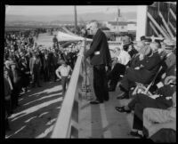 Chrysler engineer Charles H. Fennel addresses the crowd at groundbreaking for new plant, Los Angeles, 1932