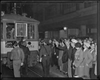 Police officers clear Los Angeles Railway strikers, making way for street cars, Los Angeles, 1934