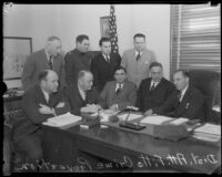 District Attorney Fitts' crime prevention team discusses race track crimes, Los Angeles, 1934