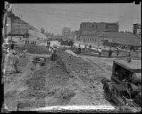 Road construction at Temple and Spring, Los Angeles, circa 1925