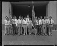 Japanese American Legion members S. Iida, Commander Karl K. Iwanaga, Vice-Commander I. K. Sano, Adjutant T. Koseki, J. Omri, and Standard Bearer W. Tanara, Los Angeles, 1935