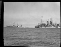 Five Navy ships docked side-by-side, San Pedro Bay