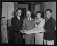 Albert Lee Stephens takes the oath of office surrounded by his wife and two sons: Marie Stephens, Albert Lee Stephens Jr. and Clarke Edwin Stephens, Los Angeles, 1935