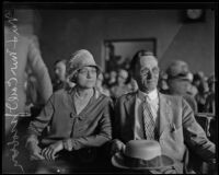 Councilman Carl I. Jacobson with wife, Rose, during his trial, Los Angeles, 1927