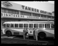 Tanner Gray Line Tours Company businessmen standing out front of company's Los Angeles headquarters at 1207 W. 3rd Street, 1950