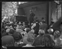 Judge William D. Evans speaking at the annual midsummer Iowa Picnic in Bixby Park, Long Beach, 1926