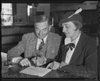 Bozena Grotte and H. H. Van Loan verify the legality of their marriage, Los Angeles, 1935