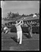 Golfer Craig Wood swinging his club, Los Angeles, 1930s