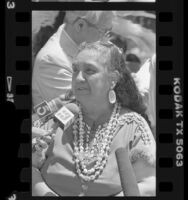 Gabrielino Indian, Vera Rocha speaking to reporters, Los Angeles, Calif., 1988