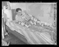 Raymond Fedderson in bed with his baby chicks during power failure in Los Angeles, Calif., 1944