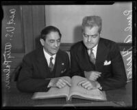 Assistant U.S. Attorney Palmer and Paul A. Herron looking at ledger, Los Angeles, 1935