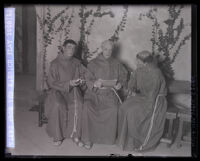 Three actors dressed as Spanish friars for Mission Play, San Gabriel, 1927