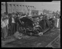 Train crashes into automobile, killing man and his dog, Glendale, 1935