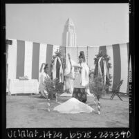 Taiichi Tsuyuki conducting groundbreaking ceremony for a Shinto temple in Little Tokyo, in Los Angeles, Calif., 1966