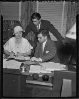 Mrs. Zane Grey signs contract with Paramount with Romer Grey and Jacob Karp, 1935