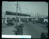 Pacific Electric Red Car above the Pico Street viaduct, Los Angeles, circa 1927