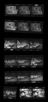 Contact sheet with images of a marching band on a football field, Los Angeles County, 1940s-1960s (?)