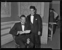 Robert Maynard Hutchins and Donald Fareed dressed in formal wear, Los Angeles, circa 1935