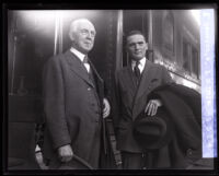 U.S. Senators Porter H. Dale and Gerald P. Nye at a train station, Los Angeles, 1920s