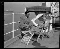 Auto racer, Roger Lacor and his wife, singer Odette Darthys on the ship Carawaii, San Pedro, 1931