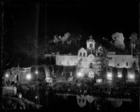 Night time view towards the House of Charm at the California Pacific International Exposition, San Diego, 1935-1936