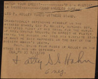 Press release about a photograph of the trial of Leo P. Kelley for the murder of Myrtle Mellus, 1928