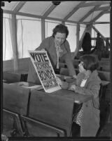 Teacher and student advocate for school bonds to pay for a new school building, Los Angeles, 1935