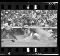 Umpire Charlie Williams calling play at home plate between Jim Deshaies and Mike Scioscia, Los Angeles, Calif., 1986