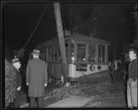 Derailed street car crashes into trolley post, Los Angeles, 1934