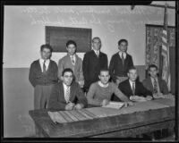 Herbert Hawkins, Merle Sutton, Woodrow Young, De Arth Bullock, Gus Copulan, Linden Skundberg, Winston Bullock, and Woodrow Hewitt at the California Junior Republic, Chino, 1935-1936