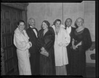 Gretchen Barraclough, Charles Chapman, Ervis Thompson, Ermaline Neuhoff, and Robert Ansteadattendedin front of the Biltmore Theatre where they attended an event for the Nine o'Clock Players, Los Angeles, 1935