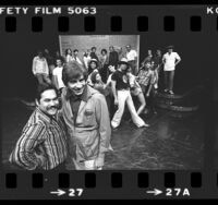 Luis Valdez and Gordon Davidson with cast of "Zoot Suit" in Los Angeles, Calif., 1978