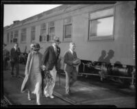 Crown Prince Gustav Adolf and Crown Princess Louise of Sweden at a train station, Los Angeles, 1926