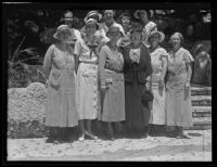 Girl Scout committee members Lucy Guild, Carmelita Rosecrans, Doris Toney, Catherine Lane, Mrs. R.C. Griffith, Blanche Gray, Mildred Mudd, Kate Crutcher, Olivia Redwine, and Mrs. W.C. Goddard meet Lou Henry Hoover, San Pedro, 1934