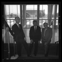 Henry Dreyfuss, left, Lew Wasserman and Walt Disney on grand staircase of Music Center Pavillion. Los Angeles, 1965