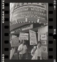 Protest against "Dressed to Kill" at the Hollywood Pacific Theater staged by Women Against Violence Against Women, Hollywood, 1980