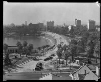 Wilshire Boulevard construction nearly complete at Westlake Park, Los Angeles, ca. 1934