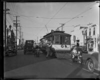 Street car escorted by police during Los Angeles Railway strikes, Los Angeles, 1934