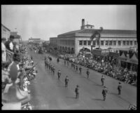 Conquistador, monks, and soldiers in the parade for the Old Spanish Days Fiesta, Santa Barbara, 1930