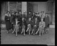 Spinsters Arlis Cowan, Janet MacLeod, Daisy Parsons, Emelie Childs, Leslie Huntington, Alene Withers, Bettie Ebbert, Carolyn Babcock, Helene Lee, Francis Callahan, Barbara McCartney, Mary Rogers, Juliet Green, Louise Hunter, and Carol Stevens gather, Los Angeles, 1936