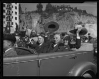 Mayor Frank Shaw, Gov. Merriam, and J. A. McNaughton at the Stock Show Parade, Los Angeles, 1935